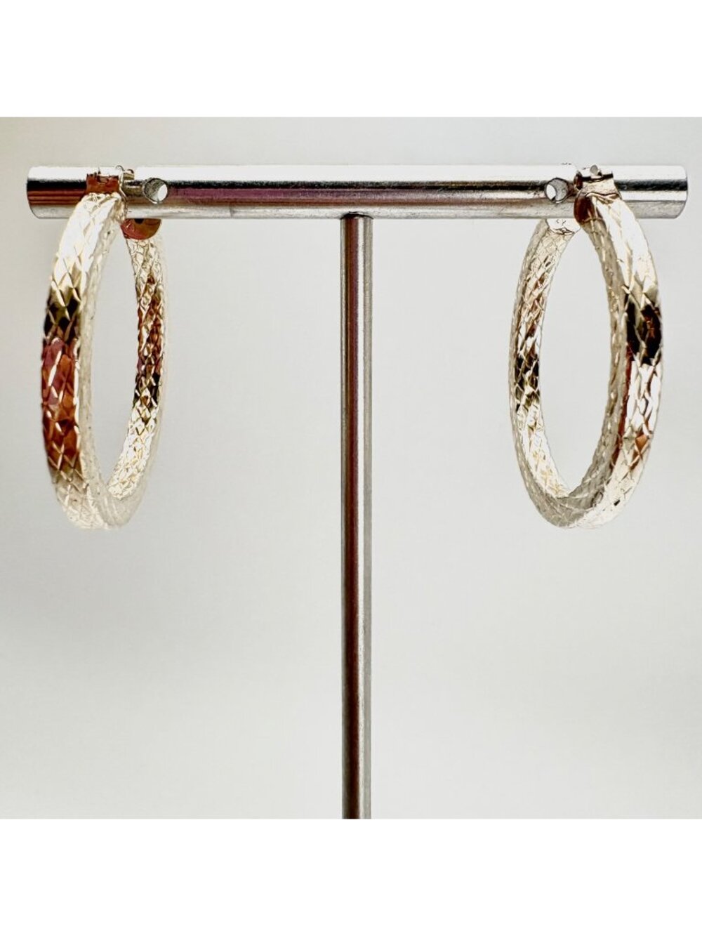 Textured Sterling Silver 925 Squared Hoop Earrings Size 1.25" Diameter